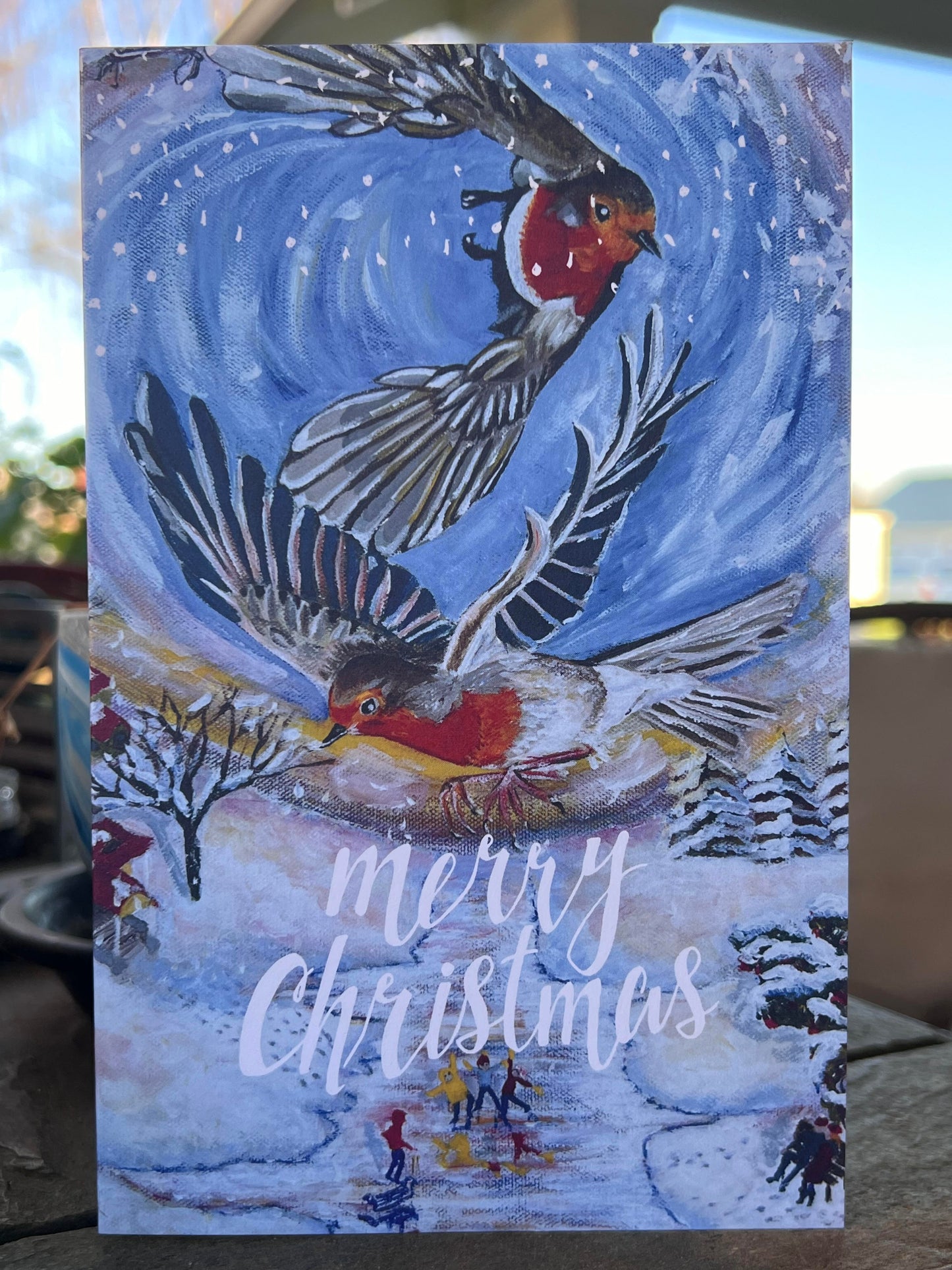 Christmas Cards and Gifts |Robin Redbreast cards | Snowy day in Oregon Christmas cards |Fine art greetings cards from original paintings by Olga V. Walmisley-Santiago | Magic Realism | Oregon gift | Colorful cards