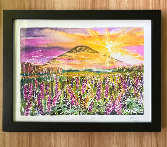 Black Butte Sunset Print | Sisters Oregon | Magic Realism | Fine art print from original  watercolor painting by Olga V. Walmisley-Santiago |Oregon Gift