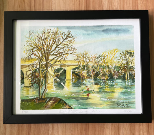 Willamette River Art |Center Street Bridge | Salem | Magic Realism | Fine Art print from original watercolor painting by Olga V. Walmisley-Santiago | Made in Oregon| Oregon Gift | Colorful Wall Art |  Magic Realism |  giclee print wall art. From $50.00