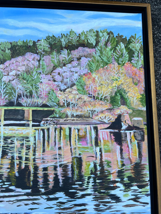 Golden Hour at Siletz Bay | Original acrylic painting by Olga V. Walmisley-Santiago |Impressionism | Magic Realism |Oregon coast