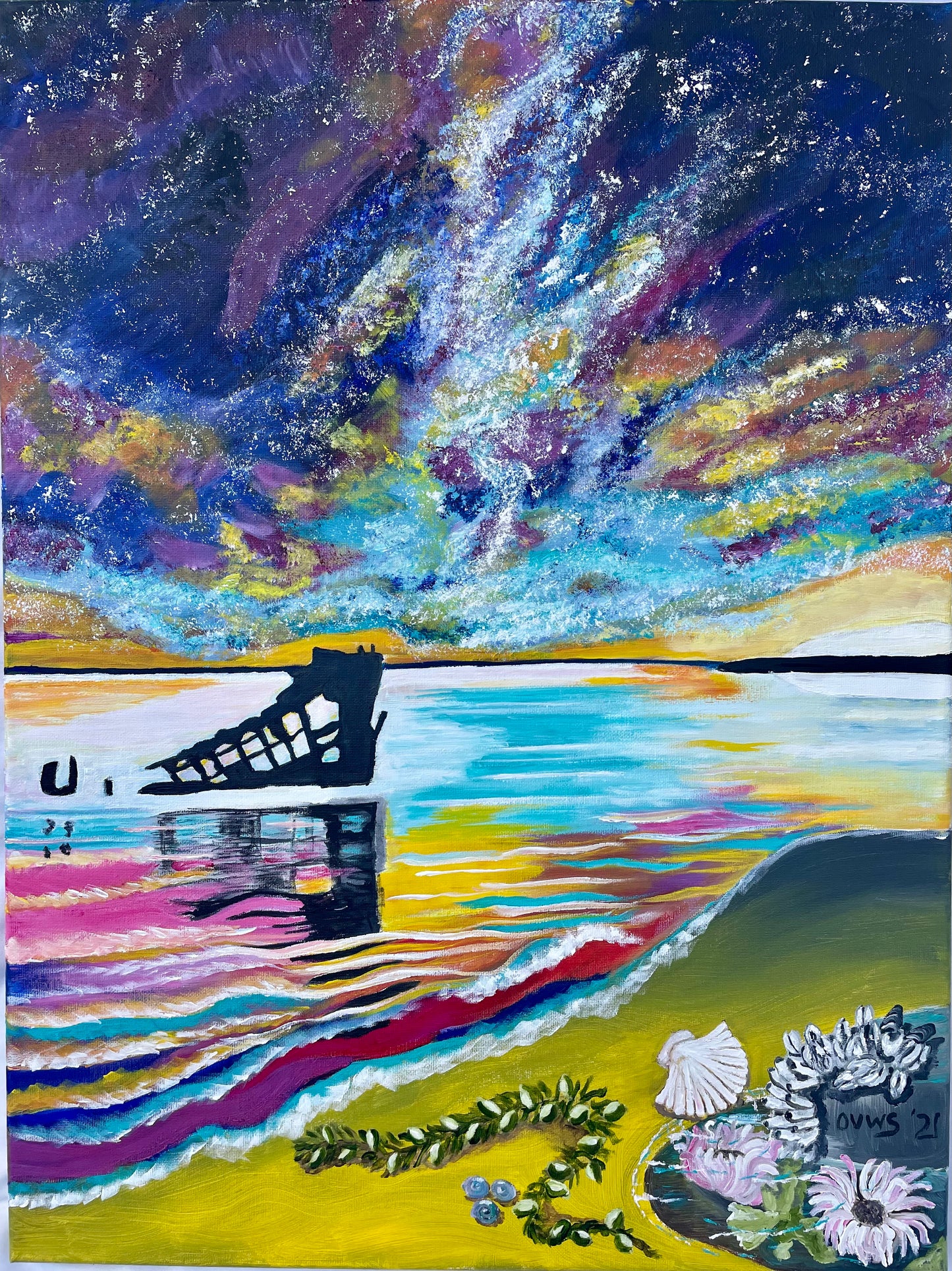 The Peter Iredale Sleeps | Commissions| Original acrylic painting |Oregon Coast | Magic Realism | Milky Way  |original painting by Olga V. Walmisley-Santiago |Impressionism | Colorful Wall Art| Expressionism |Oregon artist  |Nature painting  | SOLD!