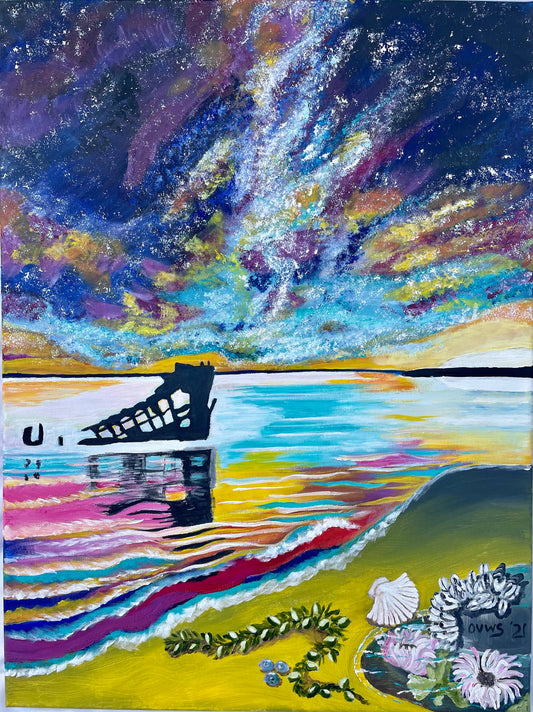 The Peter Iredale Sleeps | Commissions| Original acrylic painting |Oregon Coast | Magic Realism | Milky Way  |original painting by Olga V. Walmisley-Santiago |Impressionism | Colorful Wall Art| Expressionism |Oregon artist  |Nature painting  | SOLD!