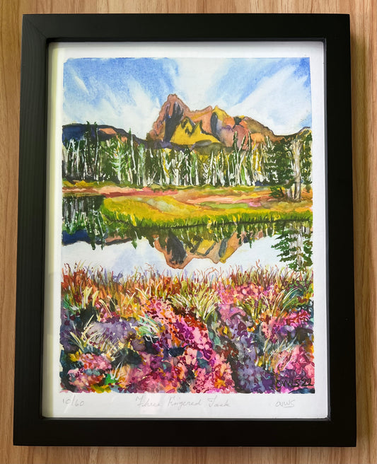 Three Fingered Jack | Oregon Volcano | Magic Realism | Fine art print from original watercolor painting by Olga V. Walmisley-Santiago | Made in Oregon| Oregon Gift | Colorful Wall Art| giclee print wall art. From $50.00