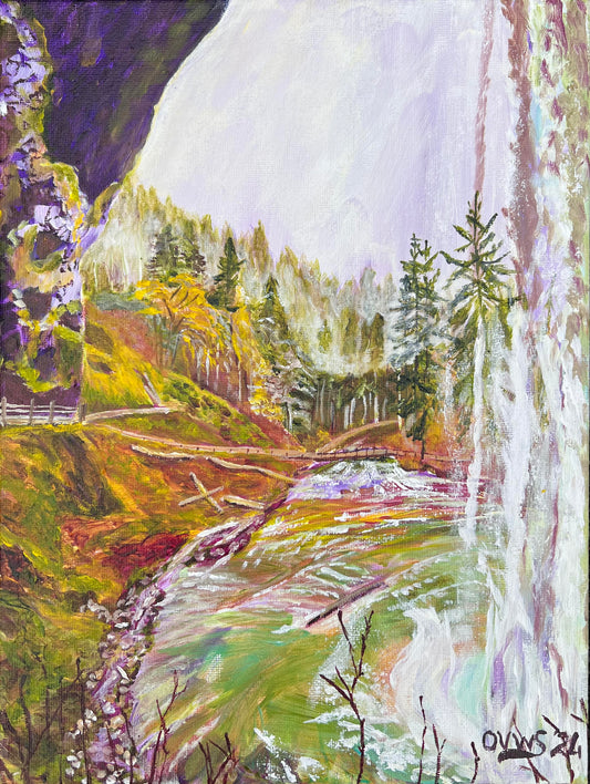 From behind the waterfall | Silver Falls |Original acrylic painting|  | Oregon Waterfall | Magic Realism | original acrylic painting by Olga V. Walmisley-Santiago | Oregon Artist| Colorful Wall Art| Oregon artist  | Landscape |Waterfall |$300.00