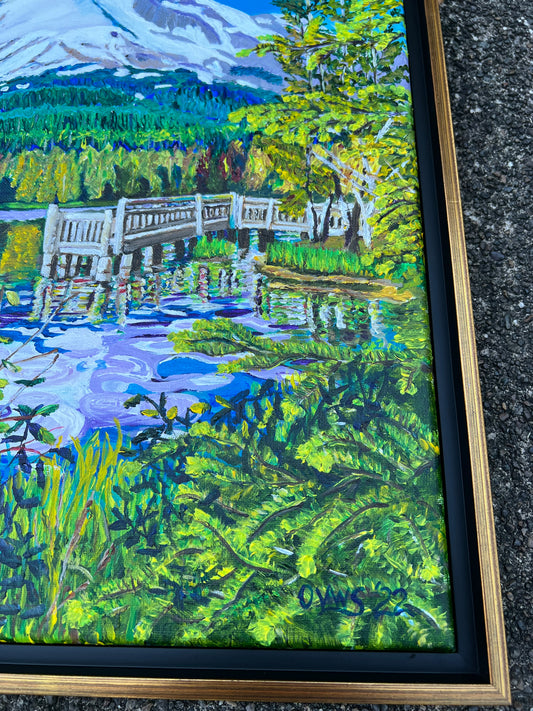 Mount Hood watches over Trillium Lake |Original acrylic painting| Wy'east | Magic Realism | original acrylic painting by Olga V. Walmisley-Santiago |Impressionism | Colorful Wall Art| Expressionism |Oregon artist |Landscape painting | $1000.00