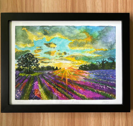 Lavender Fields Print | Field of flowers | Lavender Sunset |Magic Realism | Fine art print from original watercolor painting by Olga V. Walmisley-Santiago   | Oregon | Impressionism |Archival giclee print wall art. From $50.00