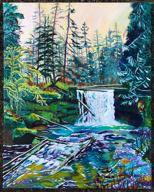 North Falls Silver Falls |Original acrylic painting|  | Oregon Waterfall | Magic Realism | original acrylic painting by Olga V. Walmisley-Santiago |Silver Falls | Oregon Art | Colorful Wall Art| Oregon artist  |Nature painting  |Waterfall |$1000.00