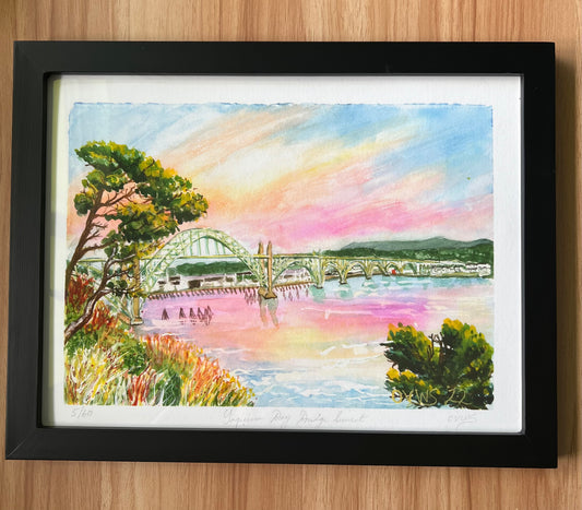 Yaquina Bay Bridge Sunset |Fine art print from an original  watercolor painting by Olga V. Walmisley-Santiago
