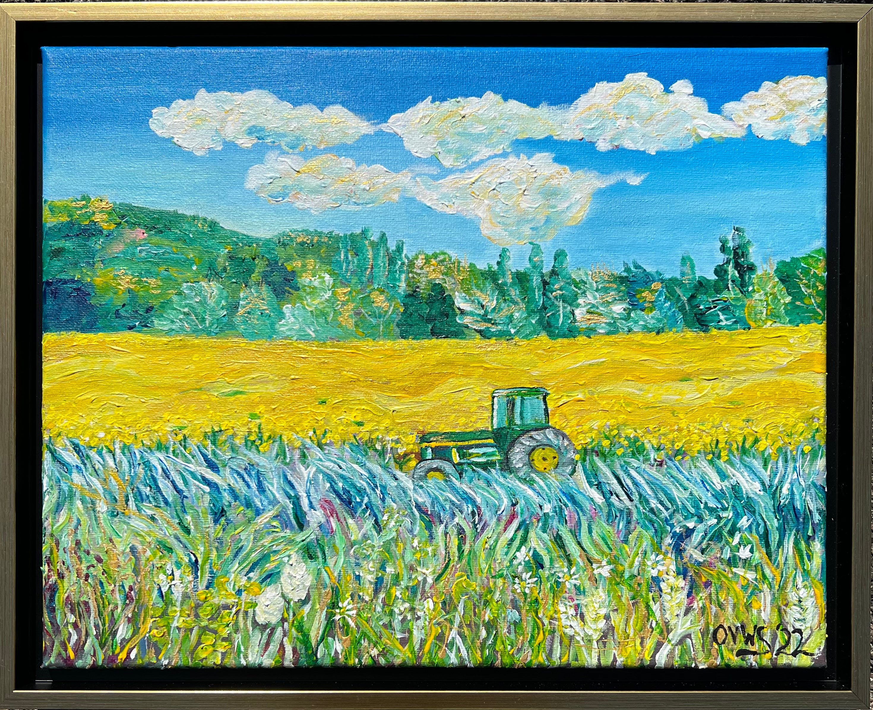 Yellow Clouds Over Green Field-Gallery popular Canvas Wraps, Horiz. Frame. Wall Art Prints. Modern Impressionism Art. Landscape Painting.