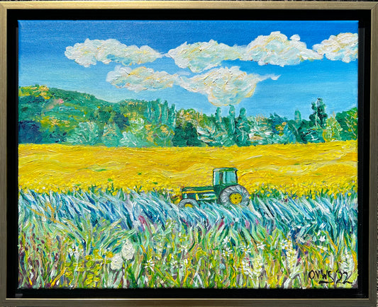 Yellow Field, Green Tractor, HWY 51|Oregon farms | Original acrylic painting| Magic Realism | painting by Olga V. Walmisley-Santiago |Impressionism | Colorful Wall Art| Expressionism |Oregon artist |Landscape painting | $600.00